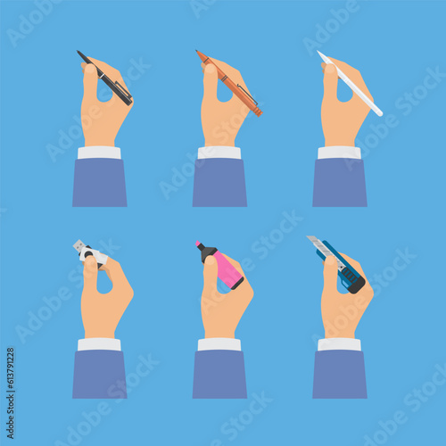 Set of hands of businessman with shirts and suit sleeves holding stationery, office supplies, pen, mechanical pencil, fountain pen, stylus pen, flash drive, highlighter and cutter knife in flat vector