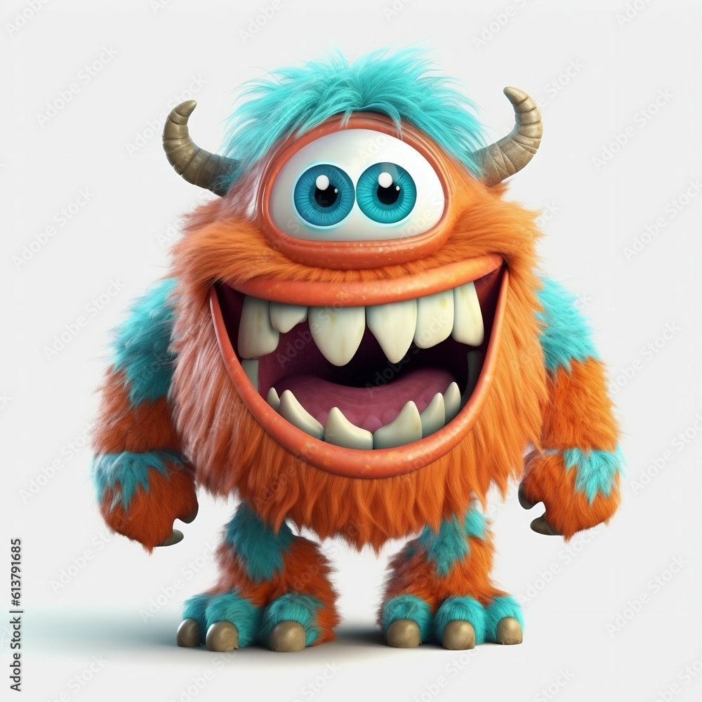 Cartoon Monster with Big Teeth and Huge Eyes on White Background. Generative ai
