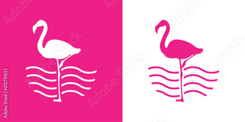 Logo vacaciones en paraíso tropical. Silueta de flamingo con olas