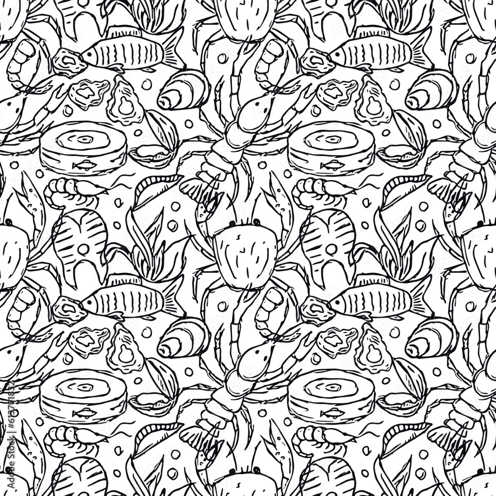 Obraz premium Seamless seafood pattern. Drawn seafood background