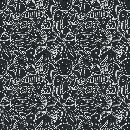  Seamless seafood pattern. Drawn seafood background