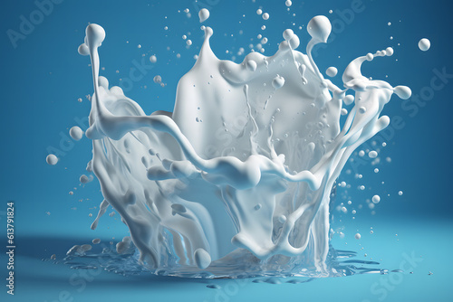 Milk splash on a light blue background. Generative AI