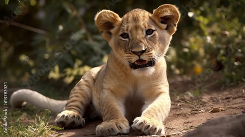 portrait of a lion cub sitting in forest, generative ai
