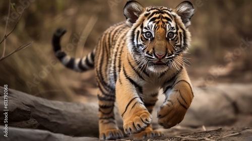 tigers cub frolicking around in the wild, generative ai