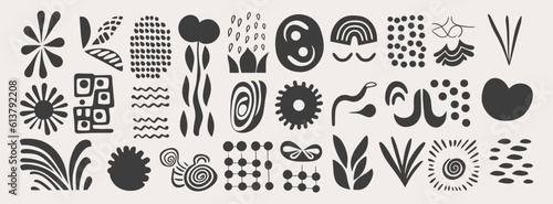 Set of trendy doodle abstract Drawn shapes on isolated white background. Spots drops curves lines and textures. Modern contemporary vector illustration unusual organic forms in matisse style by hand