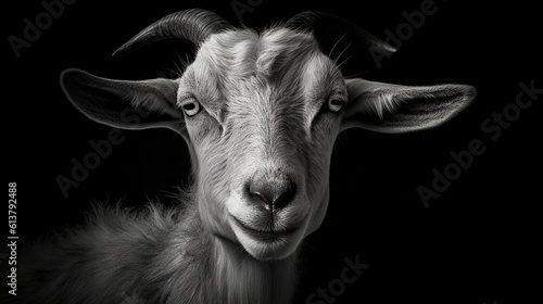 close up of a goat black and white by generative ai