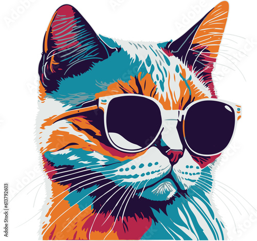  colored version, Portrait of Cat with sunglasses, shades. Vector art illustration. T-shirt design. t shirt design,
