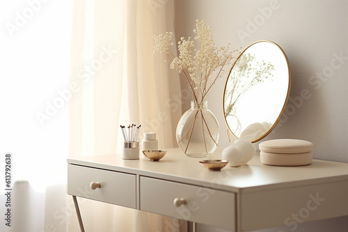 Fotografiet Empty modern, minimal beige dressing table, gold handle drawer storage, twig gla