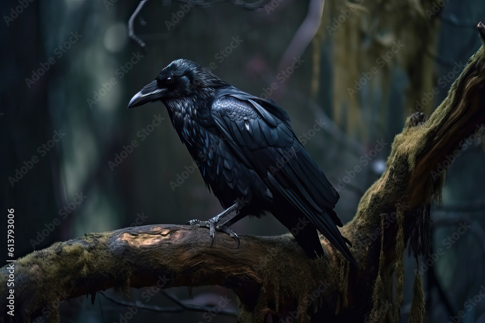 Fototapeta premium raven on a branch,gloomy magical forest on an oak branch a raven is sitting,crow on a tree