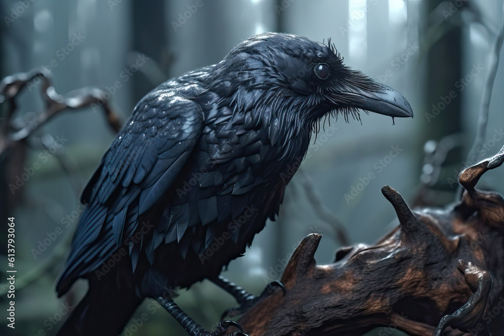 Naklejka premium raven on a branch,gloomy magical forest on an oak branch a raven is sitting,crow on a tree