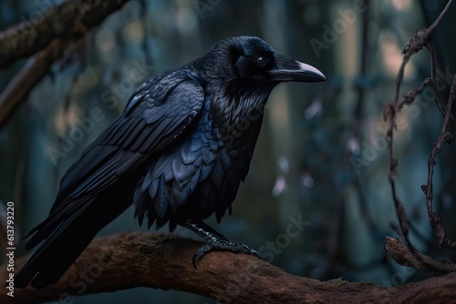 raven on a branch,gloomy magical forest on an oak branch a raven is sitting,crow on a tree