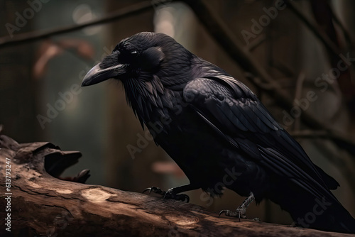raven on a branch,gloomy magical forest on an oak branch a raven is sitting,crow on a tree © Moon