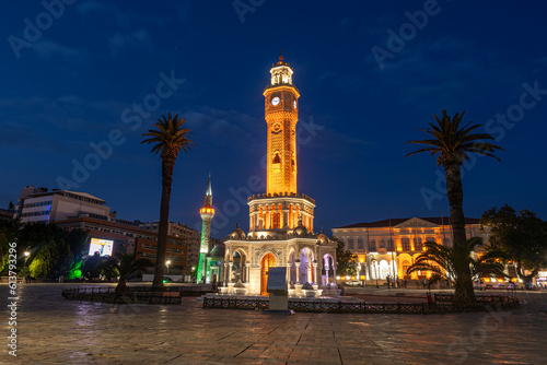 Evening illuminated view of the clock tower in Izmir Konak Square