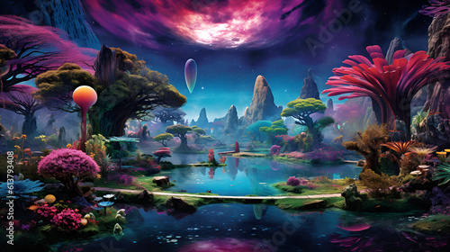 Enchanted fairy forest. Fantasy magical mystic digital painting landscape. AI illustration for background, wallpaper, story and card design, book cover. © Oksana Smyshliaeva