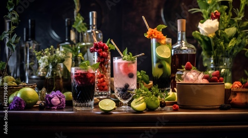 Selection of colorful mocktails. Non-alcoholic beverages, designed to mimic the flavors and presentation of cocktails. Generative AI