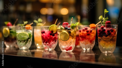 Selection of colorful mocktails. Non-alcoholic beverages, designed to mimic the flavors and presentation of cocktails. Generative AI