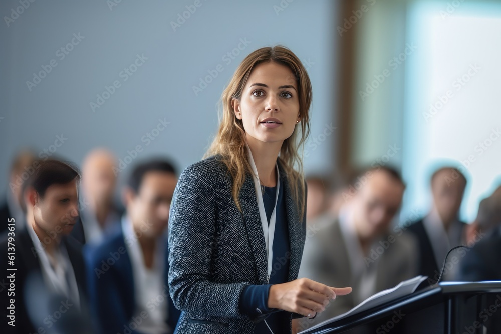 A businesswoman delivering a corporate presentation at a seminar or conference. Generative Ai A businesswoman delivering a corporate presentation at a seminar or conference. Generative Ai