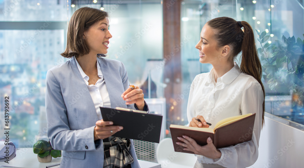 Two professional business women discussing about company growth, data analysis, financial increase, planning strategy at office. Two professional business women discussing about company growth, data analysis, financial increase, planning strategy at office.