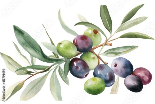 Watercolor illustration of an olive branch with fruits on a white background.