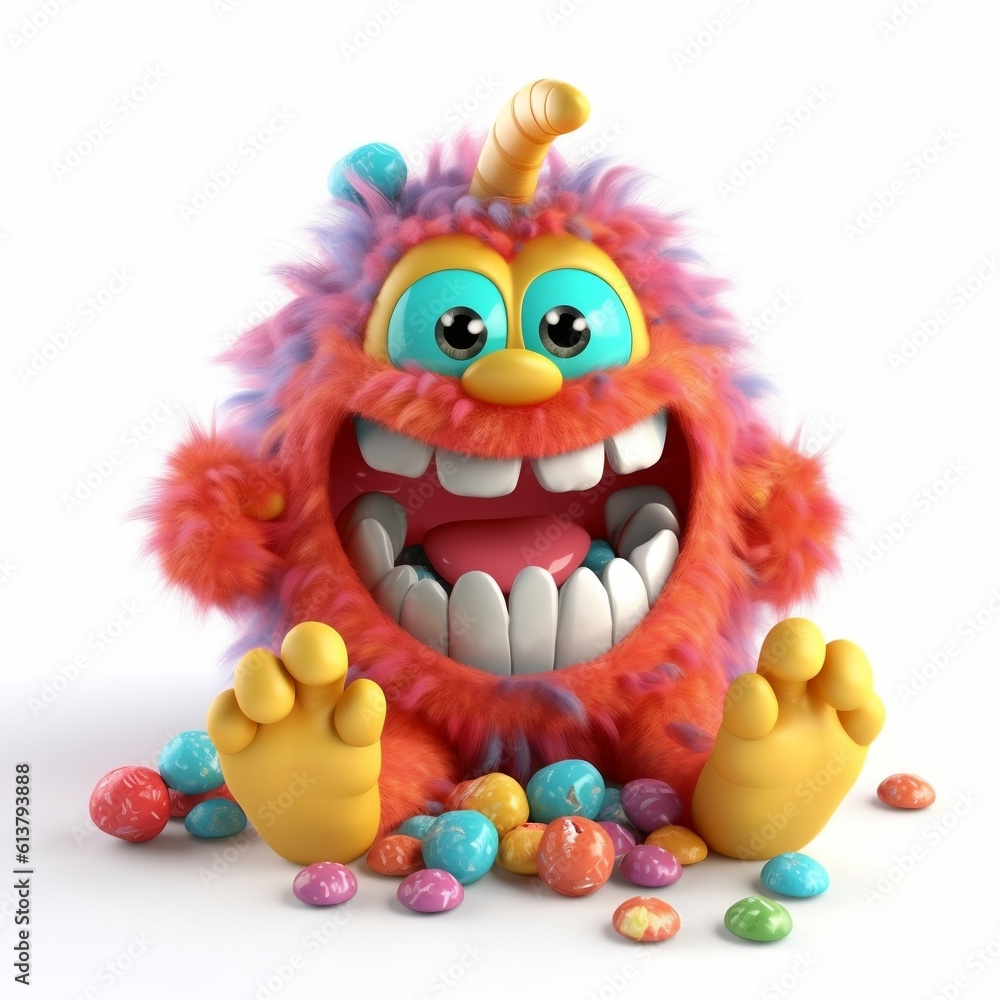 Cartoon color monster eating sweets on white background Cartoon color monster eating sweets on white background