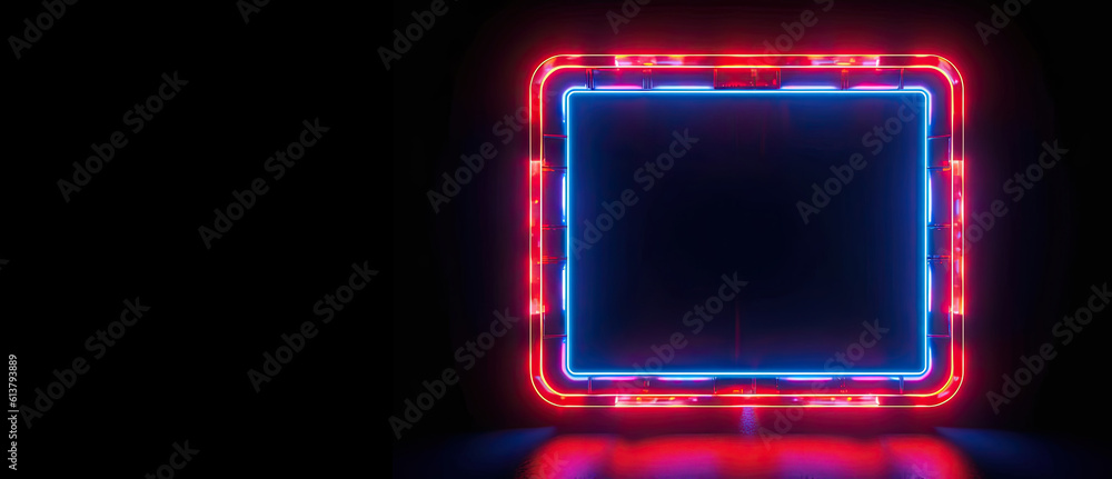 A blank blue red neon frame against a black background with negative space as copy space advertising products or advertising prizes. A blank blue red neon frame against a black background with negative space as copy space advertising products or advertising prizes.