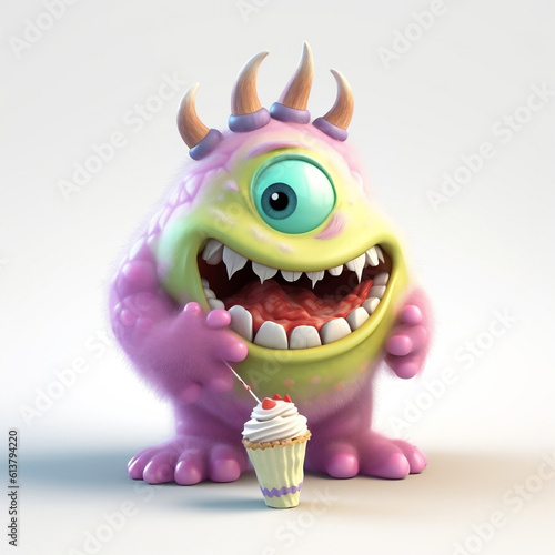 Cartoon green monster eating cackes on white background photo