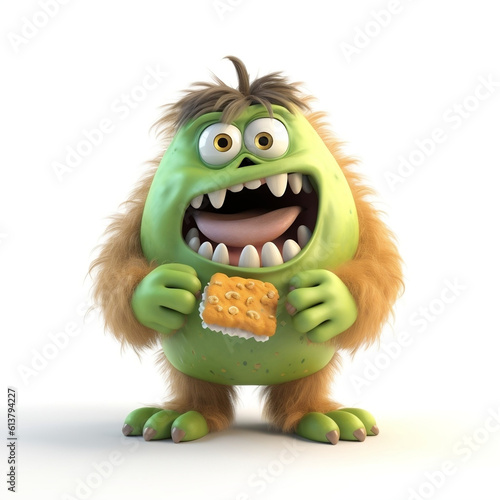 Cartoon green monster eating tucker on white background photo