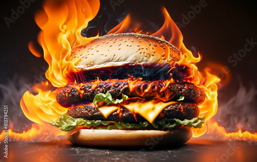 hot and fresh tasty delicious grilled hamburger and fire on it made with ai generated photo