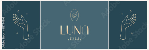 Wings and hands logo template, line vector illustration. Emblem design for brand logo or feminine art style.