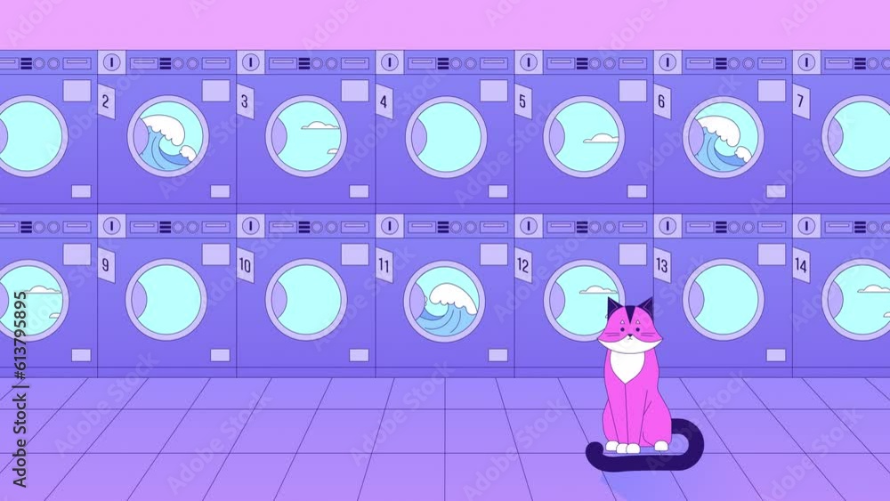 Laundromats with cat lo fi animation. Cute animal at laundry room