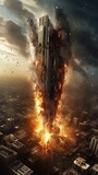 Rocket Hitting a High Metropolis Building, Terror, Apocalypse. Generative ai
