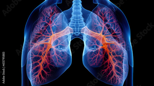 Radiology Thorax x-ray for human lungs examination. Illustration of X-ray Human Chest. with bronchi highlighted in red. Generative Ai