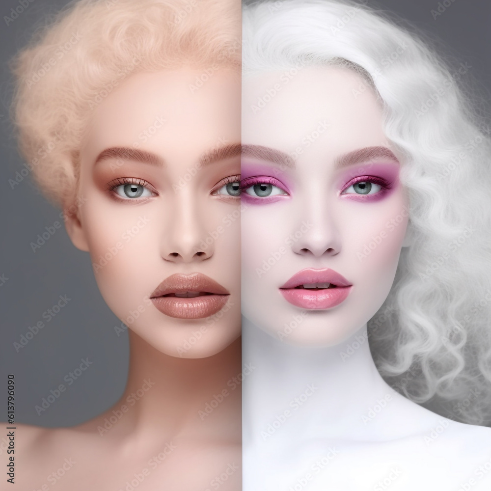 Collage of Fashion art portraits of beautiful girl with creative make-up in different styles. Portrait of a beautiful blonde woman with professional  make-up. Fashion, Beauty concept.  AI generated