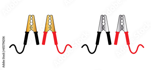 Cartoon jumper cable or jumper lead for car. Booster cable icon. Plus and minus poles. Empty battery and charge the cars. Battery jumper power cables. Jump start vehicle cable. Charging battery sign.