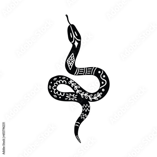 Celestial Snake Linocut Vector Icon. Mystic Floral Snake Silhouette Isolated on White Background. Boho and Magic Witchy Python Clipart, Occult Symbol Illustration. Black Gothic Art Print for T Shirt