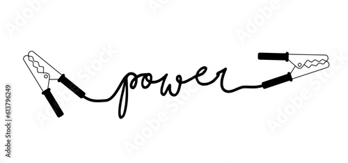 Cartoon jumper cable or jumper lead for car. Booster cable icon. Plus and minus poles. Empty battery and charge the cars. Battery jumper power cables. Jump start vehicle cable. Charging battery sign.