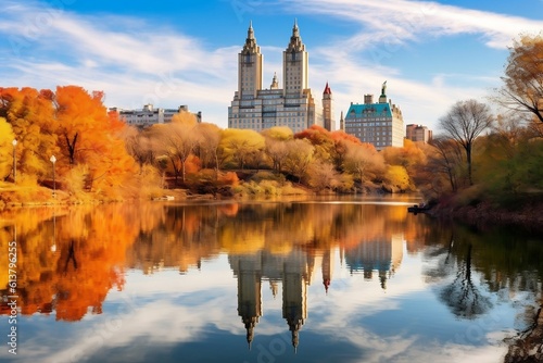 Autumn Panorama in Central Park, New York - Vibrant Fall Colors and Urban Oasis, Generative AI