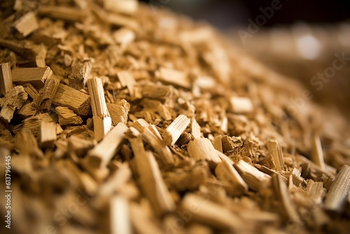 Organic matter, such as wood chips and pellets, stored in a warehouse for biomass energy production, showcasing depth, texture, and soft ambient lighting.