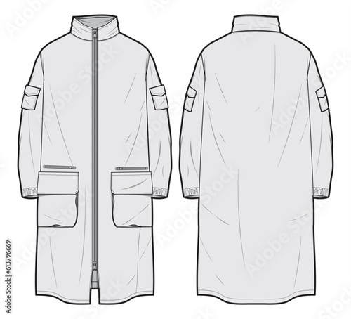 Parka Jacket, Winter High Neck Jacket Coat Front and Back View. Fashion Illustration, Vector, CAD, Technical Drawing, Flat Drawing, Template, Mockup.