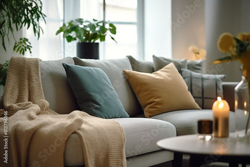 Luxurious living room with comfortable sofa, houseplant