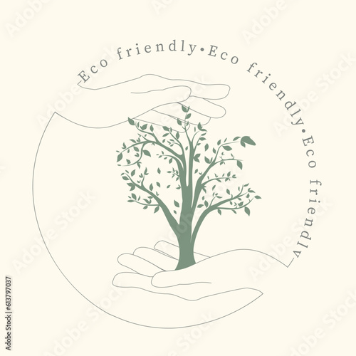 Logo tree stem leaf in hands environmentally friendly on a beige background vector illustration
