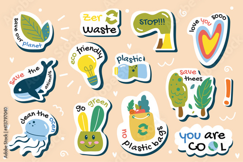 This illustration is a set of flat and cartoon eco waste stickers designed to promote waste reduction and environmental awareness. Vector illustration.