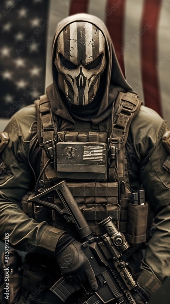 Special Forces Soldier with Skull Face Mask and American Flag. Generative ai Special Forces Soldier with Skull Face Mask and American Flag. Generative ai