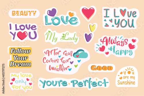 This illustration is a set of love-themed stickers designed in a flat and cartoon style with text and label elements. Vector illustration.