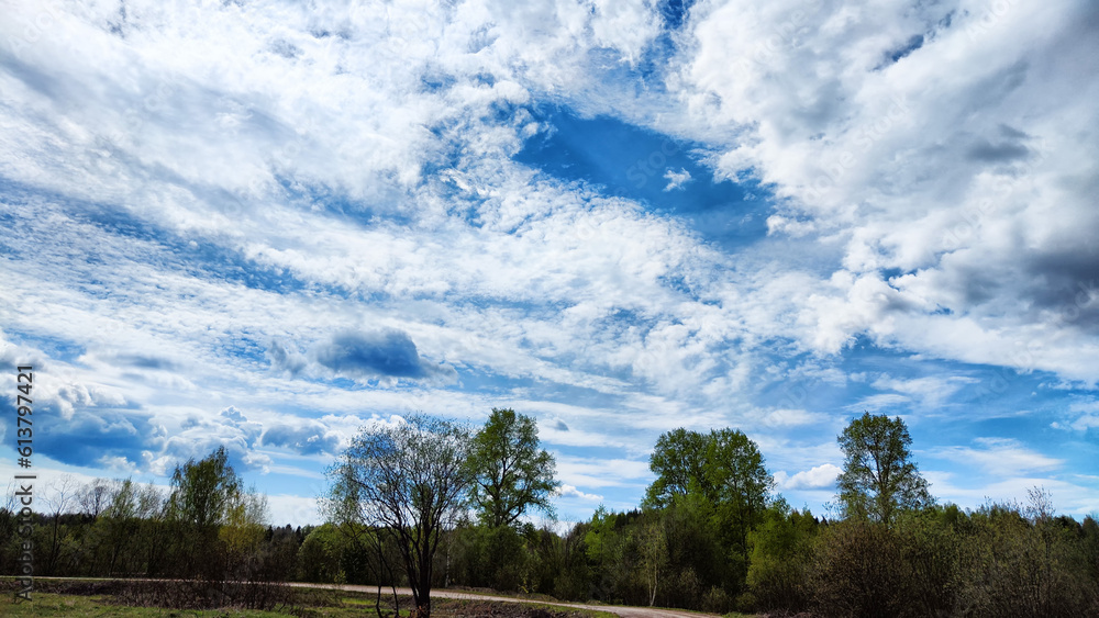 Fototapeta premium Dark, stormy and rainy clouds over green trees and big field on a spring or summer day