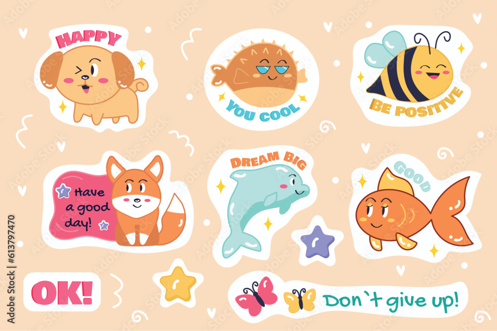 This illustration features a set of cute animal stickers designed in a flat, cartoon style, perfect for adding some fun and personality to any project. Vector illustration. This illustration features a set of cute animal stickers designed in a flat, cartoon style, perfect for adding some fun and personality to any project. Vector illustration.