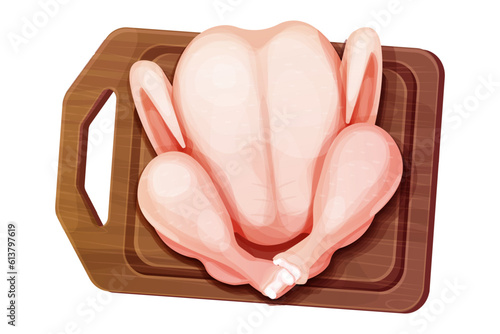 Whole chicken meat or turkey full bird top view on wooden cutting board in cartoon style isolated on white background. Raw, uncooked product, ingredient