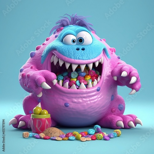 Violet funny monster eating sweets and cackes on white background