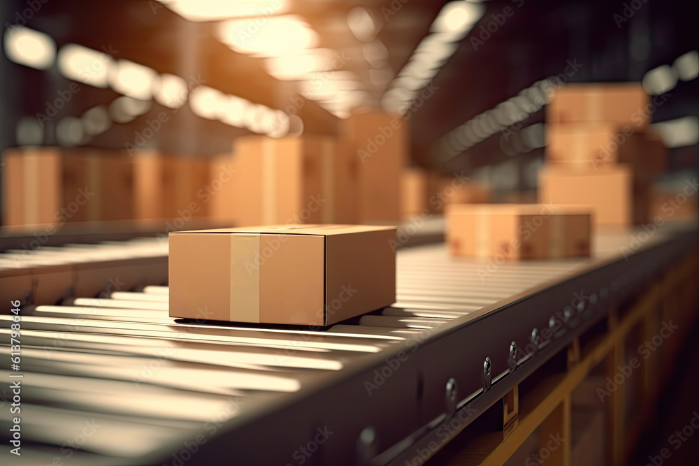 Close-up of multiple cardboard box packages seamlessly moving along a conveyor belt in a warehouse fulfillment center. Generative Ai Close-up of multiple cardboard box packages seamlessly moving along a conveyor belt in a warehouse fulfillment center. Generative Ai