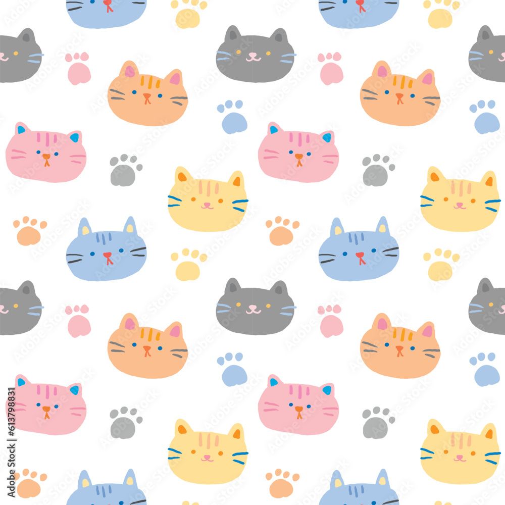 Seamless Pattern with Cartoon Cat Face and Paw Design on White Background